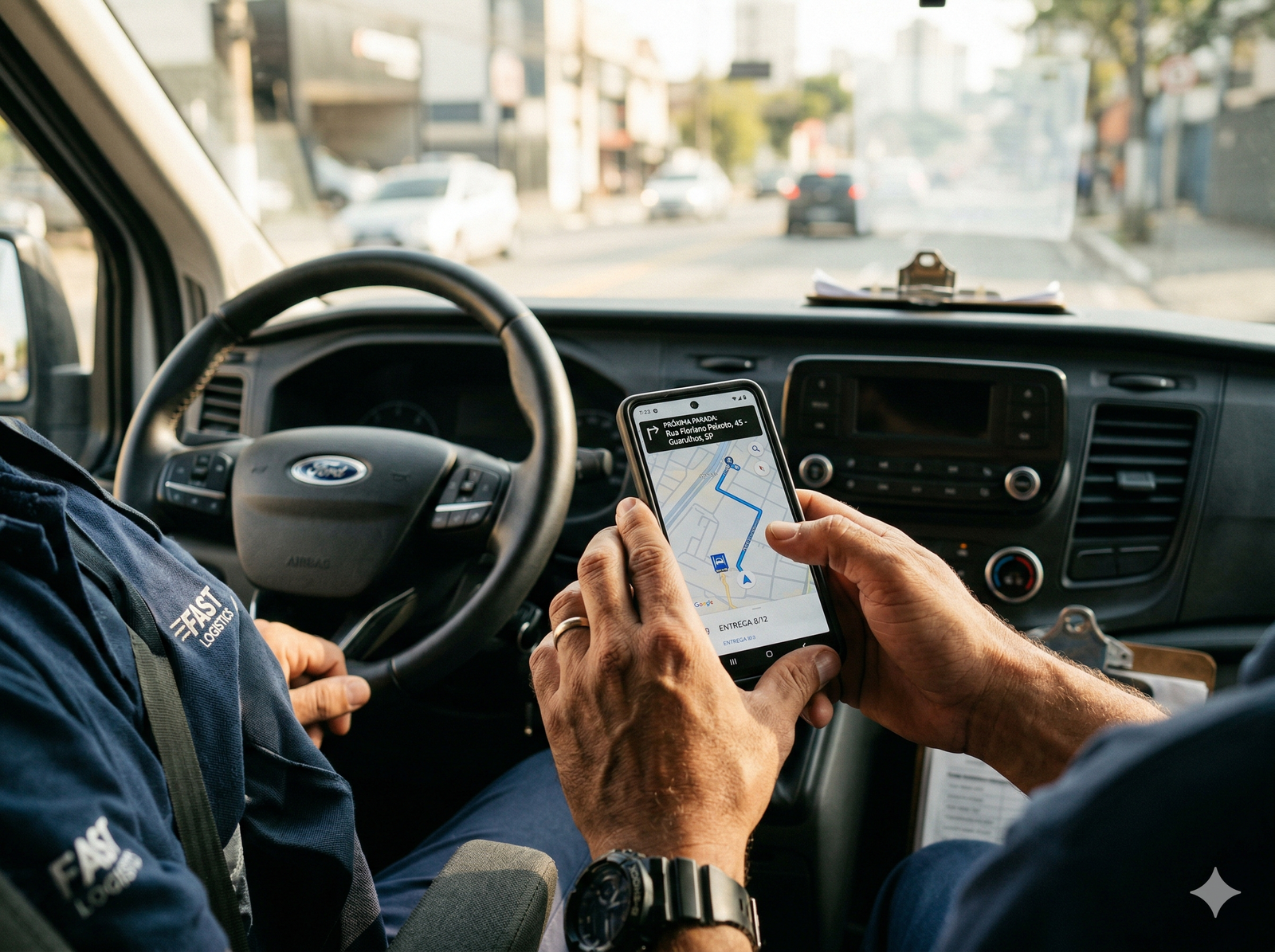 Motorista usando o app de entregas no celular