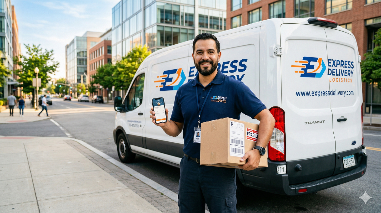 Motorista com app de entregas ao lado da van