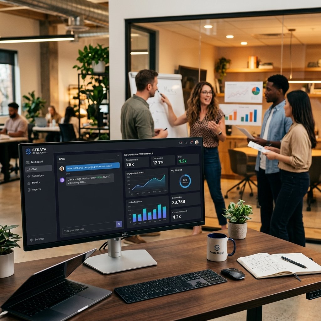Dashboard do Megamil AI mostrando métricas de campanha e chat de inteligência artificial inteligente